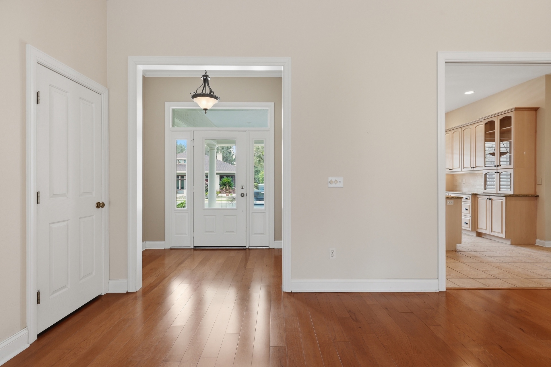 Foyer with hardwood floors and transom-lit double entry